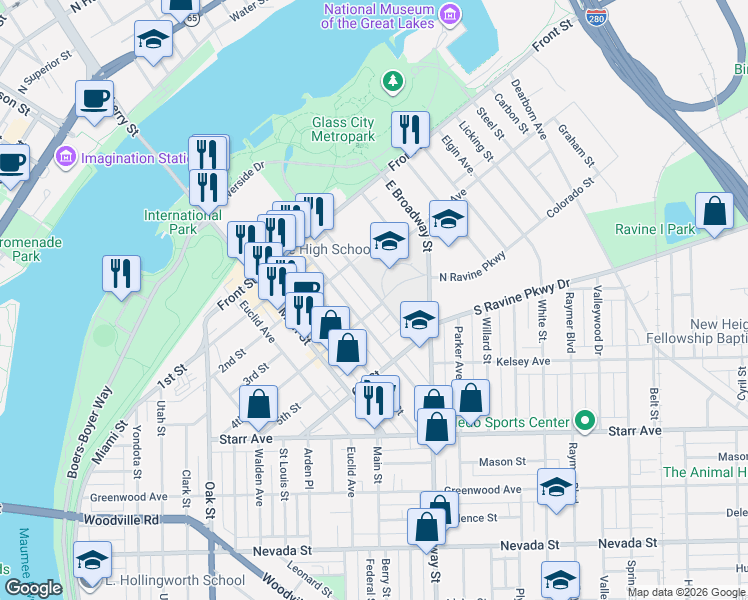 map of restaurants, bars, coffee shops, grocery stores, and more near 324 Morrison Drive in Toledo