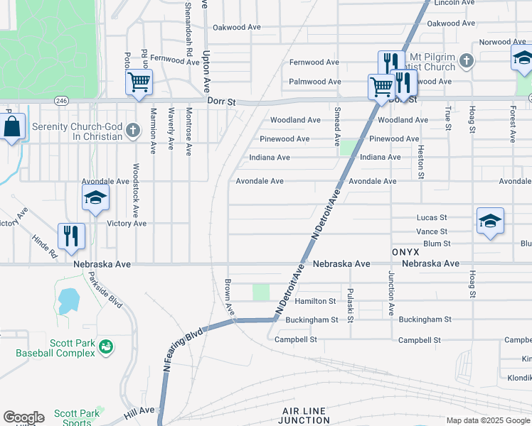 map of restaurants, bars, coffee shops, grocery stores, and more near 1662 Vance Street in Toledo
