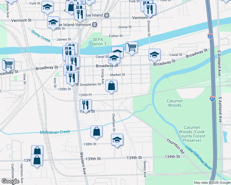 map of restaurants, bars, coffee shops, grocery stores, and more near 13527 Chatham Street in Blue Island