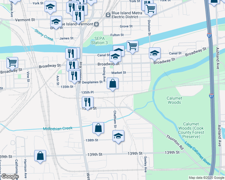 map of restaurants, bars, coffee shops, grocery stores, and more near 13527 Chatham Street in Blue Island
