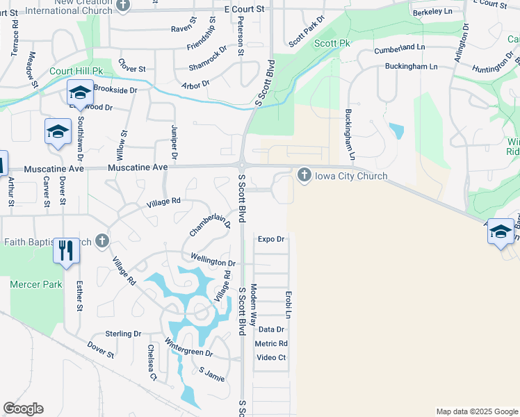 map of restaurants, bars, coffee shops, grocery stores, and more near 15 Silvercrest Place in Iowa City