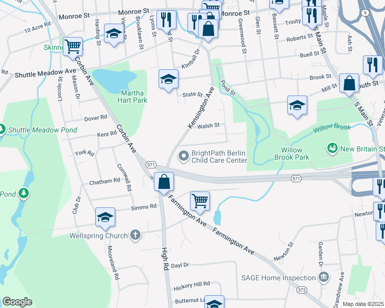 map of restaurants, bars, coffee shops, grocery stores, and more near 300 Kensington Avenue in New Britain