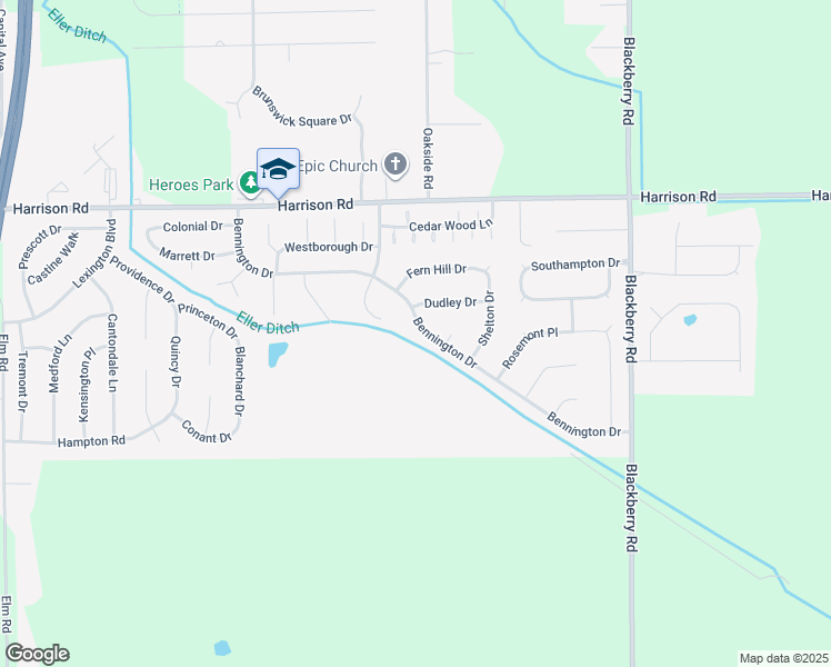 map of restaurants, bars, coffee shops, grocery stores, and more near 1605 Bennington Drive in Mishawaka