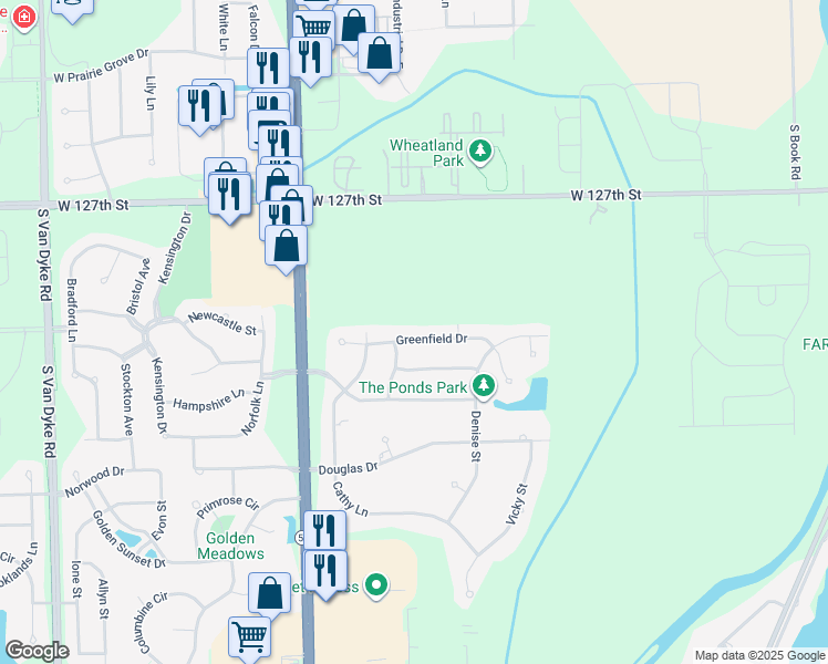 map of restaurants, bars, coffee shops, grocery stores, and more near 23861 Greenfield Drive in Plainfield