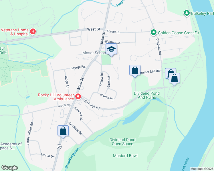 map of restaurants, bars, coffee shops, grocery stores, and more near 50 Birch Road in Rocky Hill