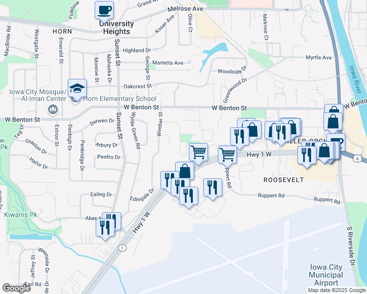 map of restaurants, bars, coffee shops, grocery stores, and more near 401 Hawk Ridge Road in Iowa City
