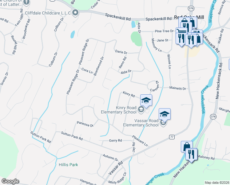 map of restaurants, bars, coffee shops, grocery stores, and more near 27 Kinry Road in Poughkeepsie