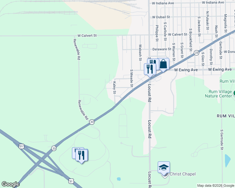 map of restaurants, bars, coffee shops, grocery stores, and more near 2602 South Kaley Street in South Bend