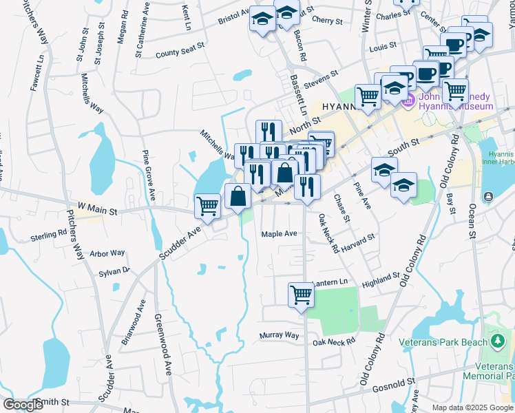 map of restaurants, bars, coffee shops, grocery stores, and more near 14 Potter Avenue in Barnstable