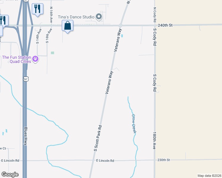 map of restaurants, bars, coffee shops, grocery stores, and more near 979 South Scott Park Road in Eldridge