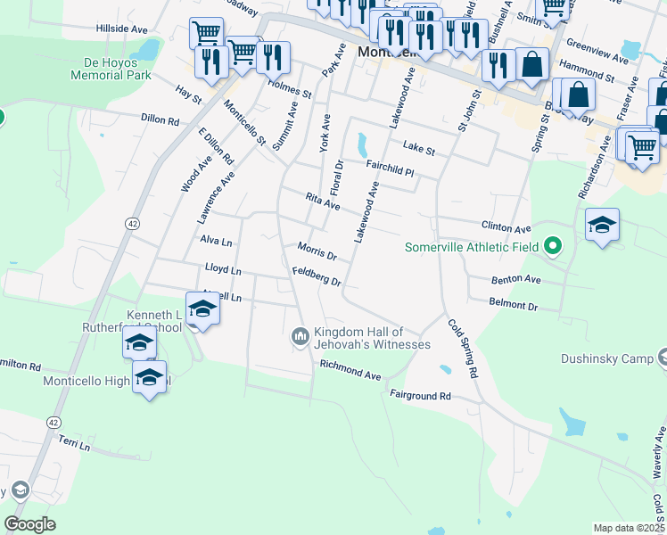 map of restaurants, bars, coffee shops, grocery stores, and more near 15 Feldberg Drive in Monticello