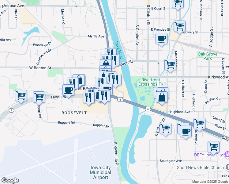 map of restaurants, bars, coffee shops, grocery stores, and more near 66-98 Grand Army of the Republic Hwy in Iowa City