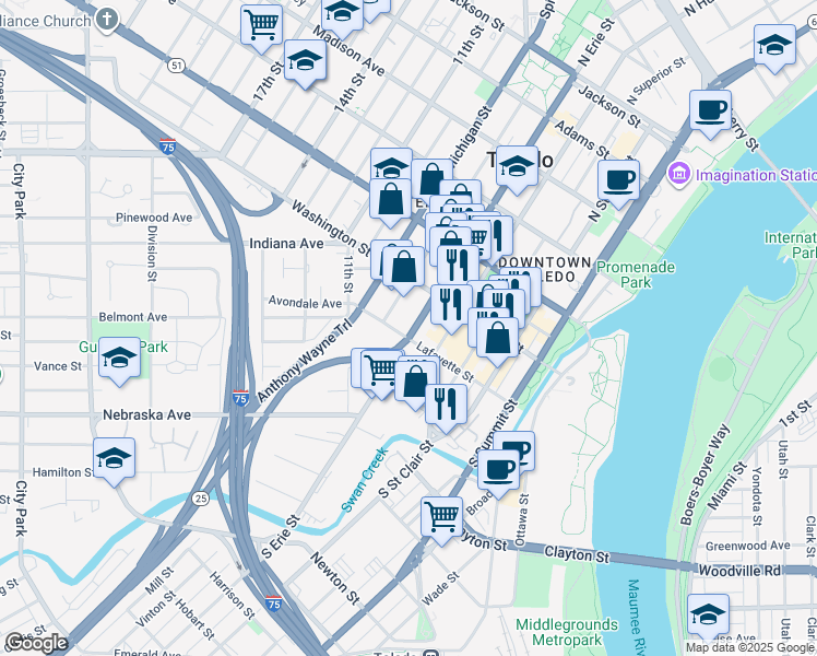 map of restaurants, bars, coffee shops, grocery stores, and more near 34 South Erie Street in Toledo