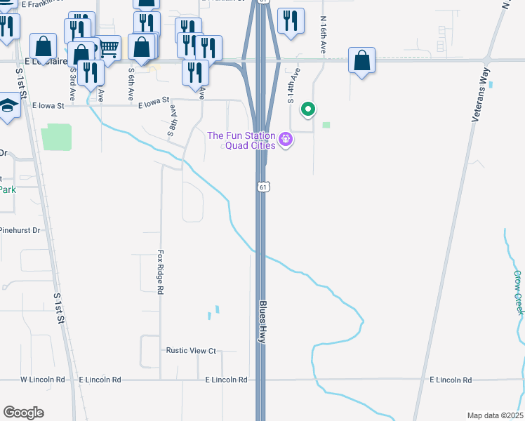 map of restaurants, bars, coffee shops, grocery stores, and more near U.S. 61 in Eldridge