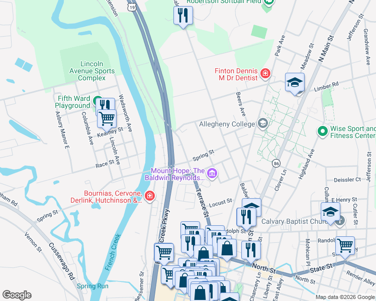 map of restaurants, bars, coffee shops, grocery stores, and more near 567 Terrace Street in Meadville