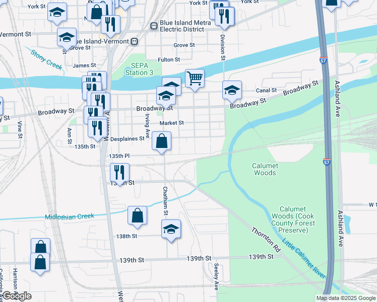 map of restaurants, bars, coffee shops, grocery stores, and more near 2110 135th Place in Blue Island