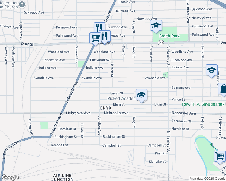 map of restaurants, bars, coffee shops, grocery stores, and more near 1301 Lucas Street in Toledo