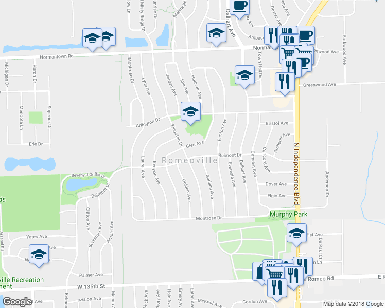 map of restaurants, bars, coffee shops, grocery stores, and more near 216 Belmont Drive in Romeoville