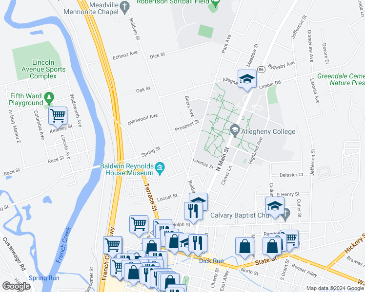 map of restaurants, bars, coffee shops, grocery stores, and more near 38364 Smith Street in Meadville