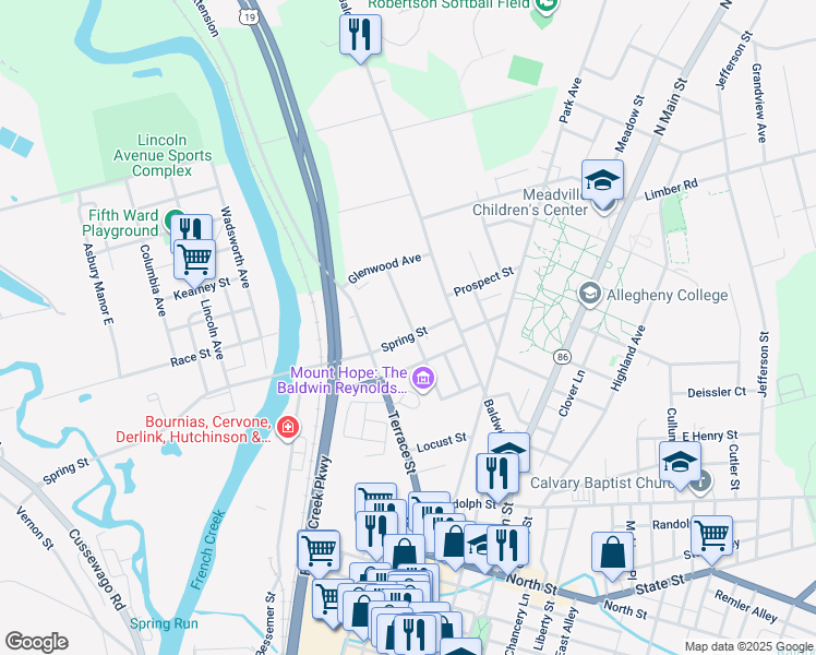 map of restaurants, bars, coffee shops, grocery stores, and more near 59937 Lord Street in Meadville