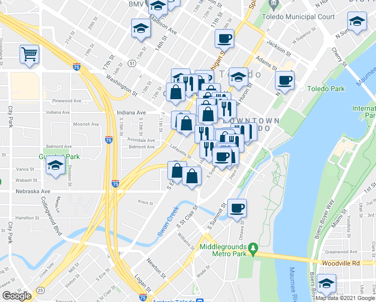 map of restaurants, bars, coffee shops, grocery stores, and more near 625 Lafayette Street in Toledo