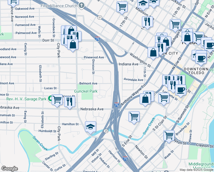 map of restaurants, bars, coffee shops, grocery stores, and more near 300-798 Cowell Court in Toledo