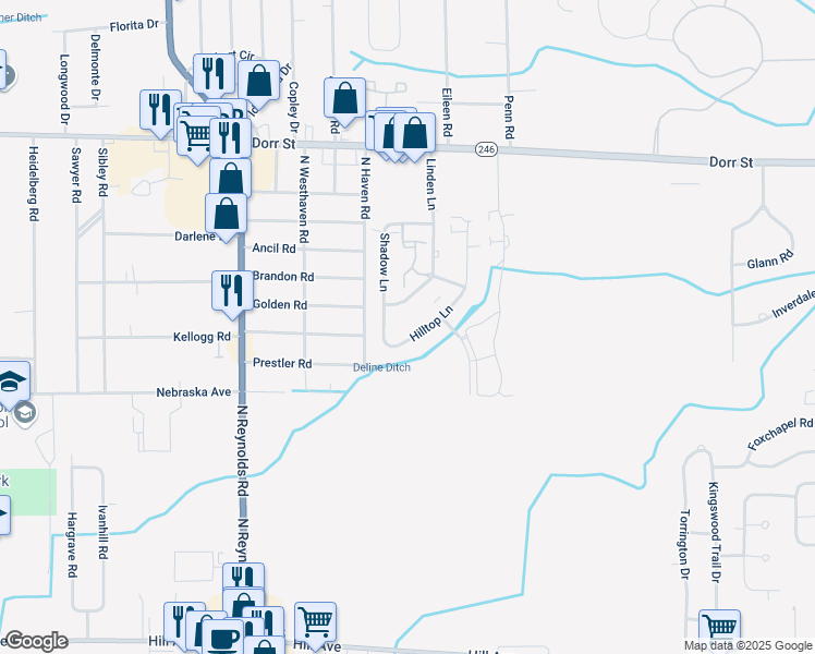 map of restaurants, bars, coffee shops, grocery stores, and more near 728 Hilltop Lane in Toledo