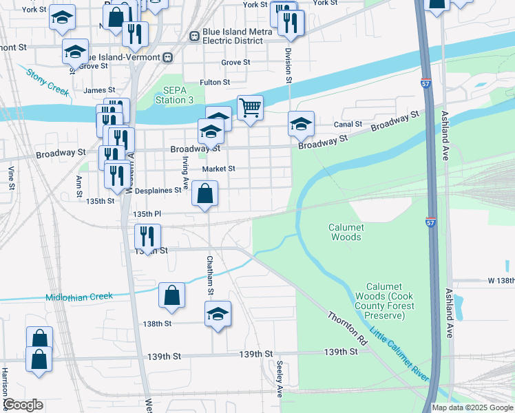 map of restaurants, bars, coffee shops, grocery stores, and more near 2062 135th Place in Blue Island