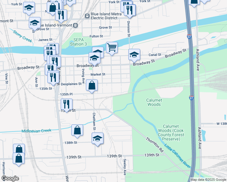 map of restaurants, bars, coffee shops, grocery stores, and more near 2062 135th Place in Blue Island