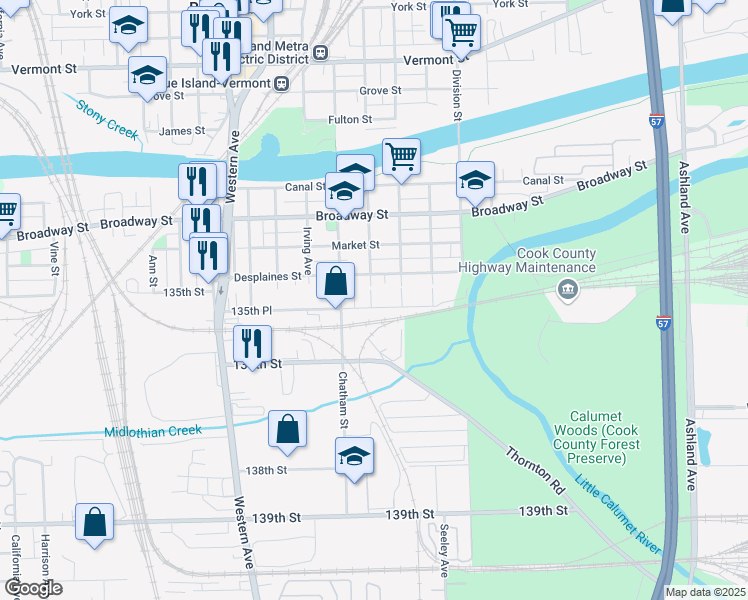 map of restaurants, bars, coffee shops, grocery stores, and more near 2125 135th Place in Blue Island
