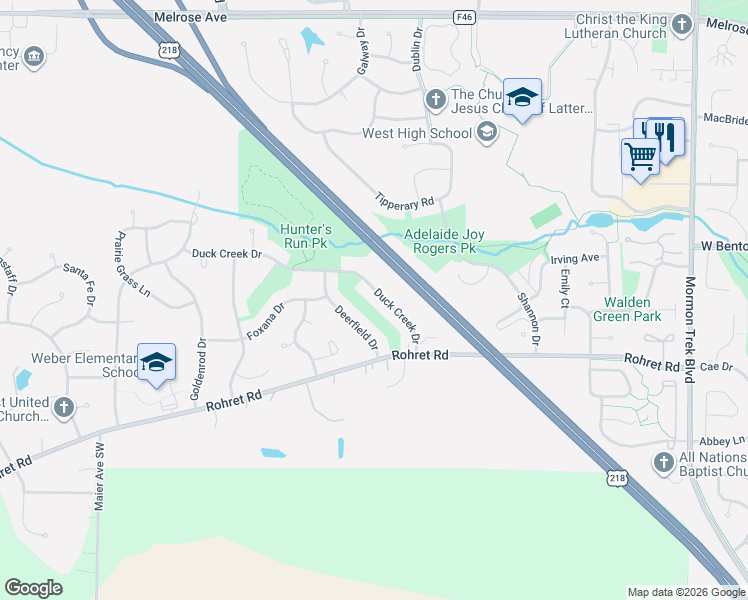 map of restaurants, bars, coffee shops, grocery stores, and more near 1223 Duck Creek Dr in Iowa City
