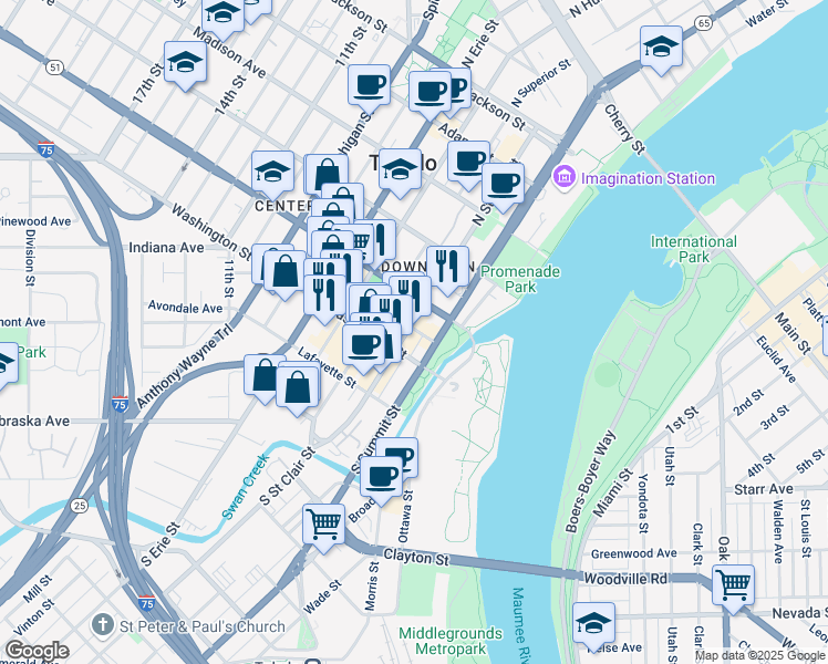 map of restaurants, bars, coffee shops, grocery stores, and more near 20 North Saint Clair Street in Toledo