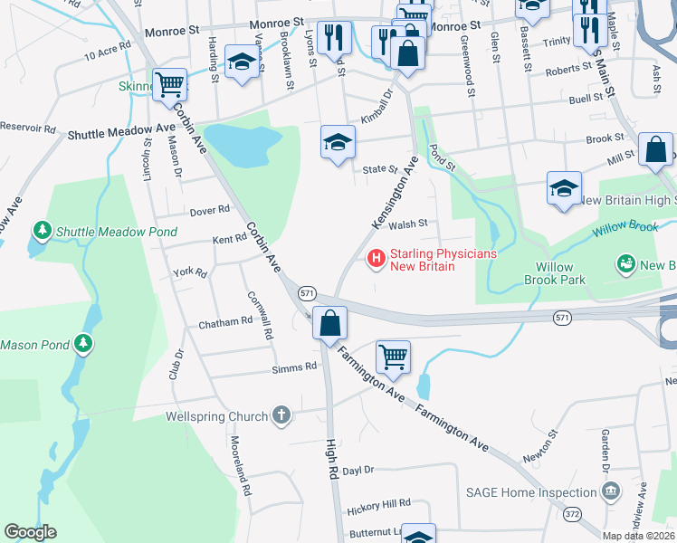 map of restaurants, bars, coffee shops, grocery stores, and more near 287 Kensington Avenue in New Britain