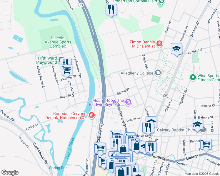 map of restaurants, bars, coffee shops, grocery stores, and more near 153 Spring Street in Meadville