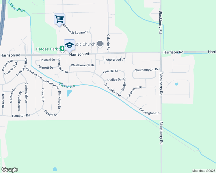 map of restaurants, bars, coffee shops, grocery stores, and more near 1605 Bennington Drive in Mishawaka