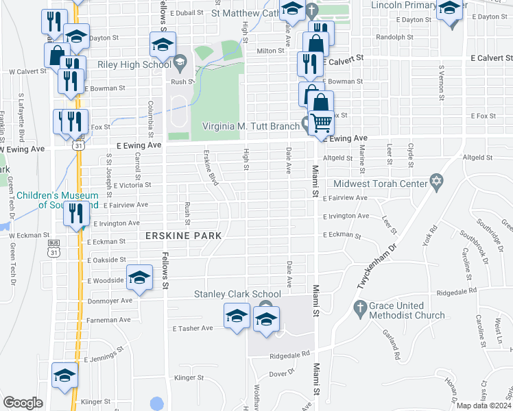 map of restaurants, bars, coffee shops, grocery stores, and more near 814 East Fairview Avenue in South Bend