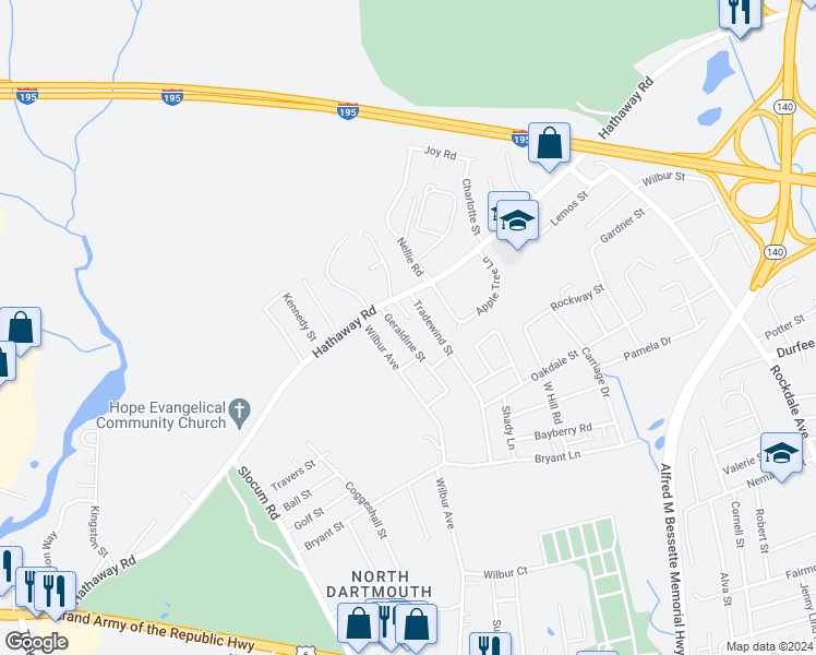 map of restaurants, bars, coffee shops, grocery stores, and more near 968 Geraldine Street in New Bedford