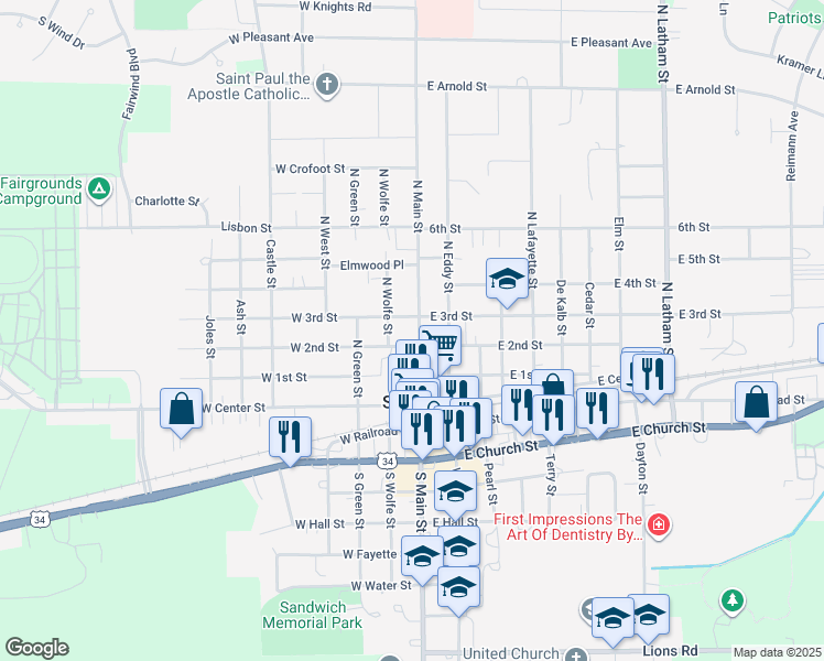 map of restaurants, bars, coffee shops, grocery stores, and more near 202 North Main Street in Sandwich