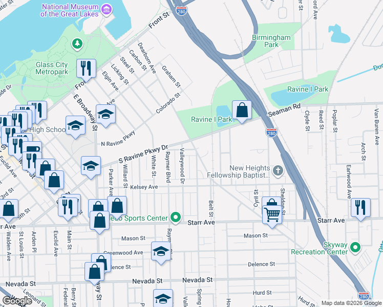 map of restaurants, bars, coffee shops, grocery stores, and more near 214 Spring Grove Avenue in Toledo