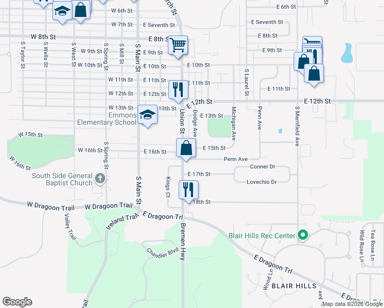 map of restaurants, bars, coffee shops, grocery stores, and more near 401-413 East 16th Street in Mishawaka