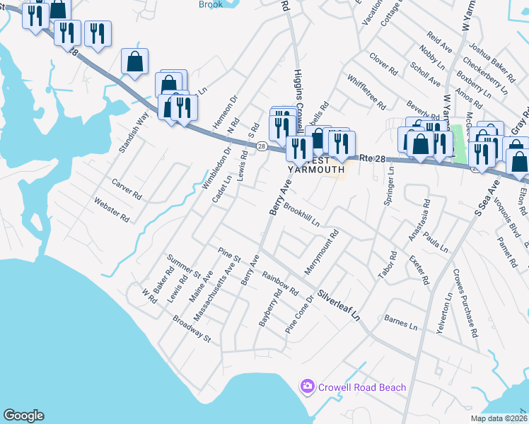 map of restaurants, bars, coffee shops, grocery stores, and more near 67 Berry Avenue in Yarmouth