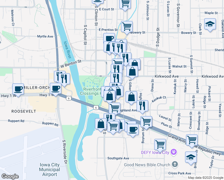 map of restaurants, bars, coffee shops, grocery stores, and more near 1141 South Gilbert Street in Iowa City
