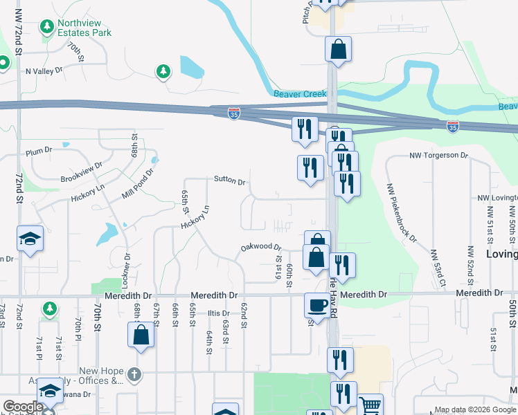 map of restaurants, bars, coffee shops, grocery stores, and more near 6102 Hickory Lane in Urbandale