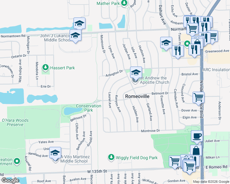 map of restaurants, bars, coffee shops, grocery stores, and more near 503 Kenyon Avenue in Romeoville