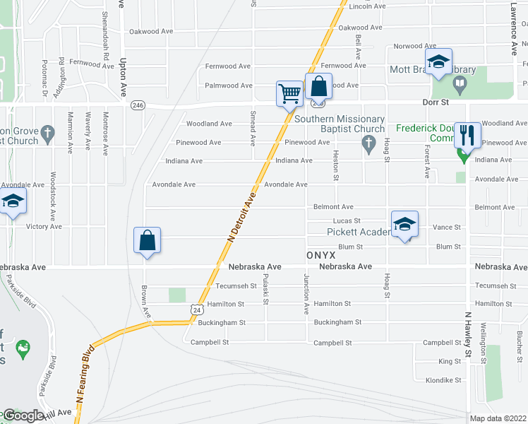 map of restaurants, bars, coffee shops, grocery stores, and more near 1467 Belmont Avenue in Toledo