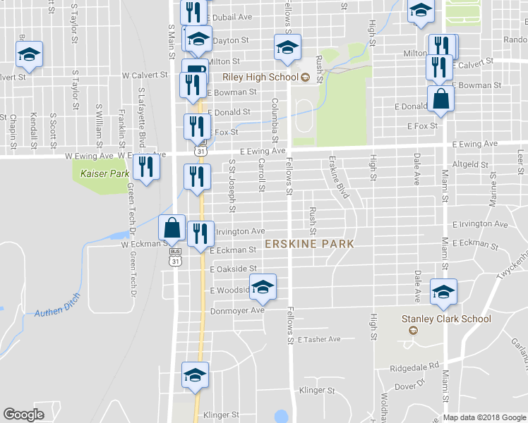 map of restaurants, bars, coffee shops, grocery stores, and more near 313 East Fairview Avenue in South Bend