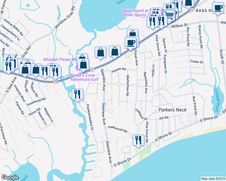 map of restaurants, bars, coffee shops, grocery stores, and more near 51 Melgo Lane in Yarmouth