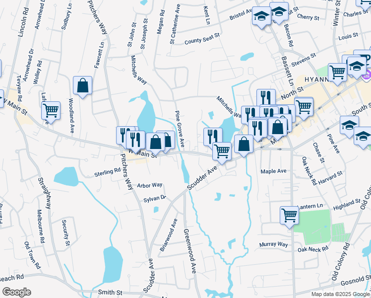map of restaurants, bars, coffee shops, grocery stores, and more near 105 West Main Street in Barnstable