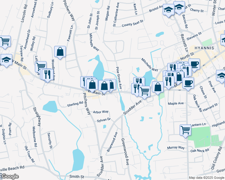 map of restaurants, bars, coffee shops, grocery stores, and more near 105 West Main Street in Barnstable