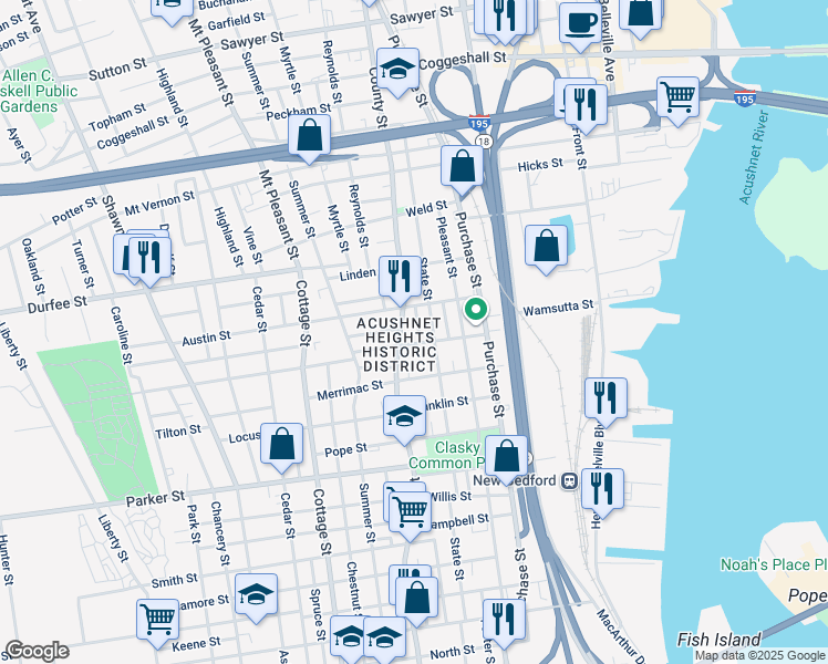 map of restaurants, bars, coffee shops, grocery stores, and more near 169 State Street in New Bedford